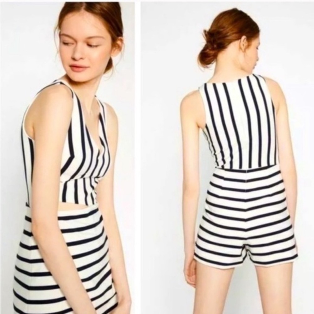 Zara Trafaluc navy white striped romper dress side cut out mini dress Playsuit